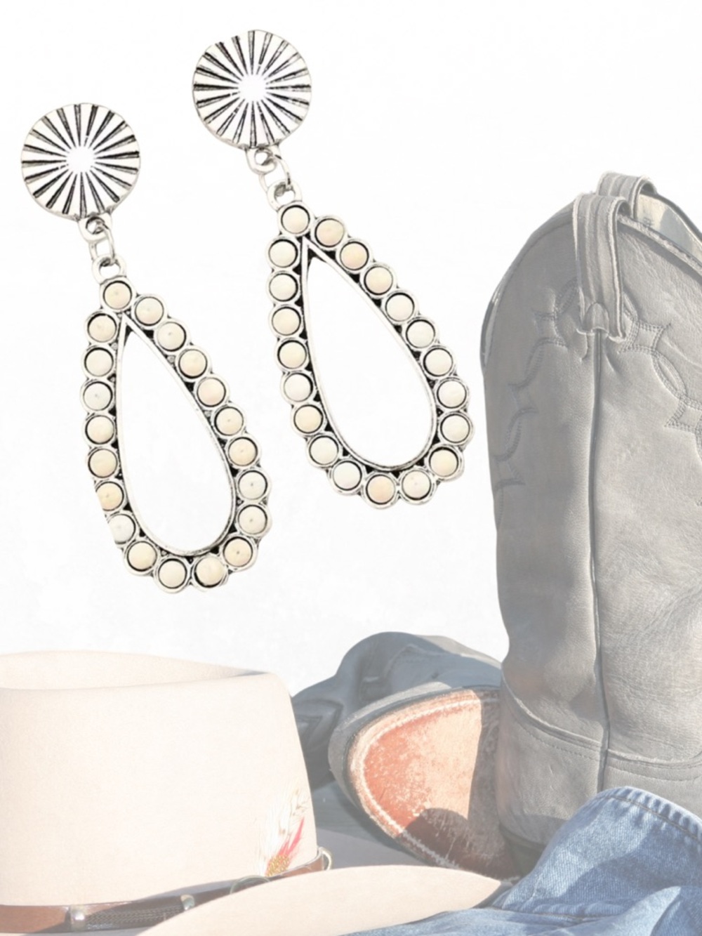 Western Concho Teardrop Earrings Silver Cowgirl Statement Drop